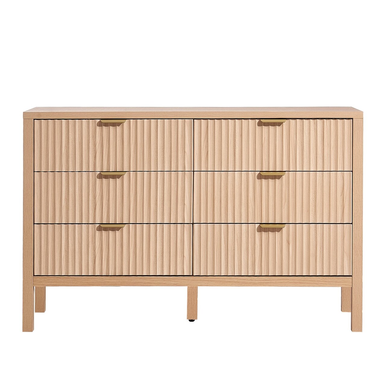 Light Wood MDF Drawer Dresser with Grooved Design, Metal Handles and Smooth Glides